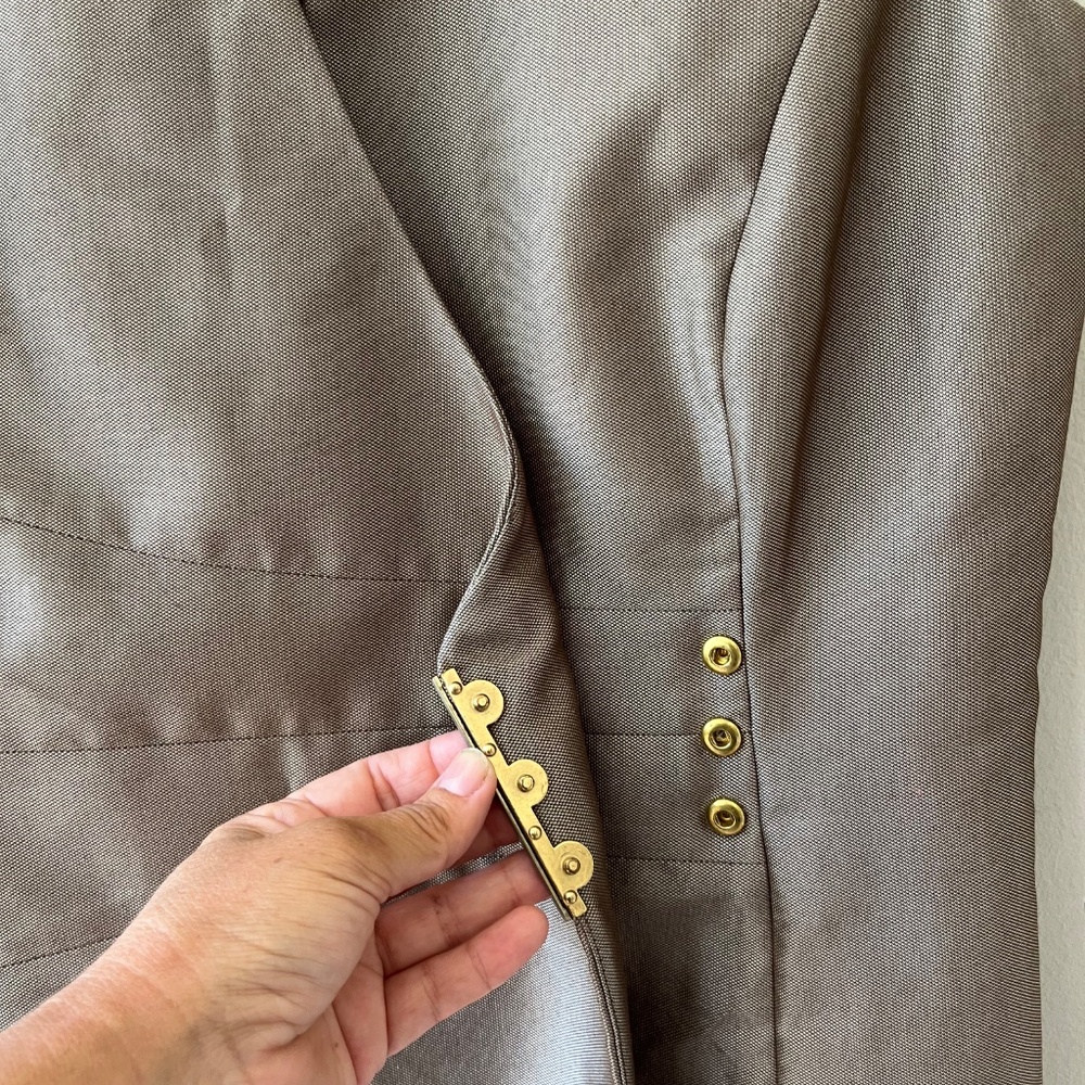 Calvin Klein Sz 6 Sheath Mandarin Collar Button Wrap Midi Dress Lined Khaki - Picture 4 of 8